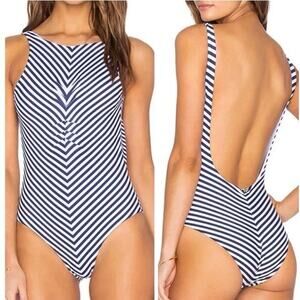 Mia Marcelle Chloe One Piece Swimsuit Large Navy White Stripe High Neck Low Back